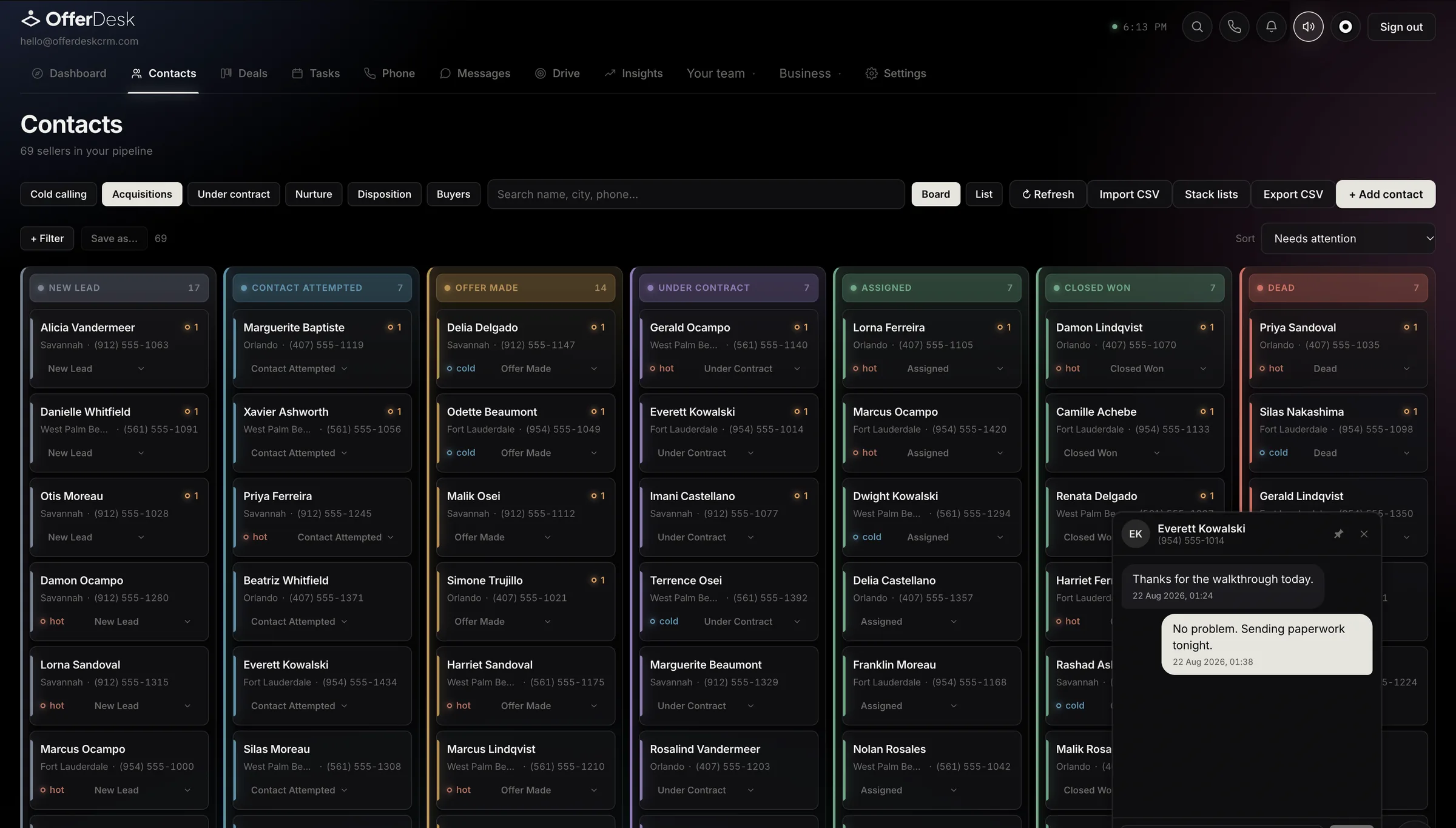The OfferDesk board, seven stages, with a seller conversation open over it.